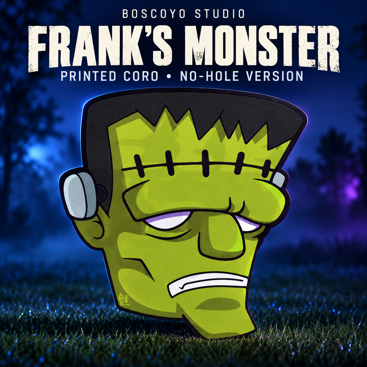 DayCor HiRes Frank's Monster no-hole printed coro version, original green cartoon head artwork, unlit on a dark blue evening yard.