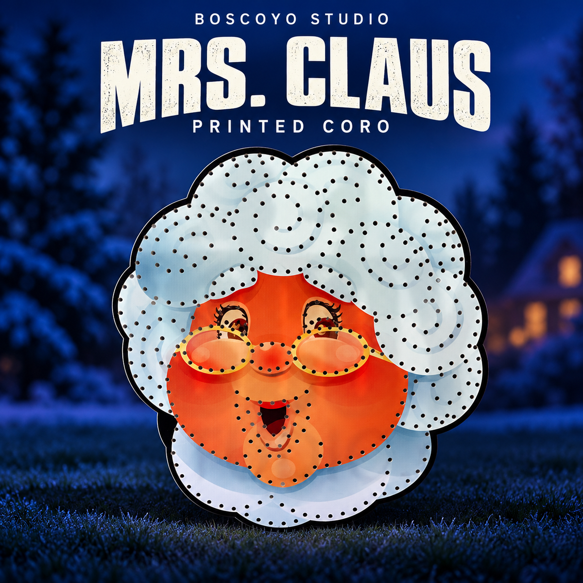 DayCor HiRes Mrs Claus flat printed coro head with empty pixel holes and original white curls and gold spectacles, unlit against a dark blue evening yard.