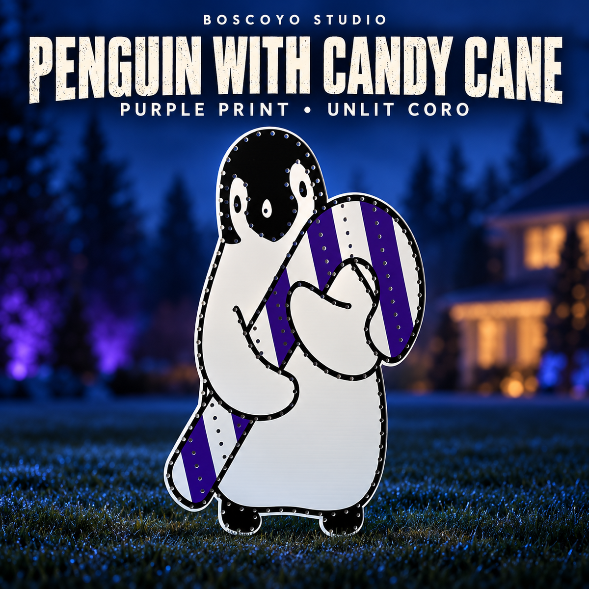 DayCor HiRes Penguin with Candy Cane, purple printed coro option with empty pixel holes, unlit on a dark blue evening yard background.