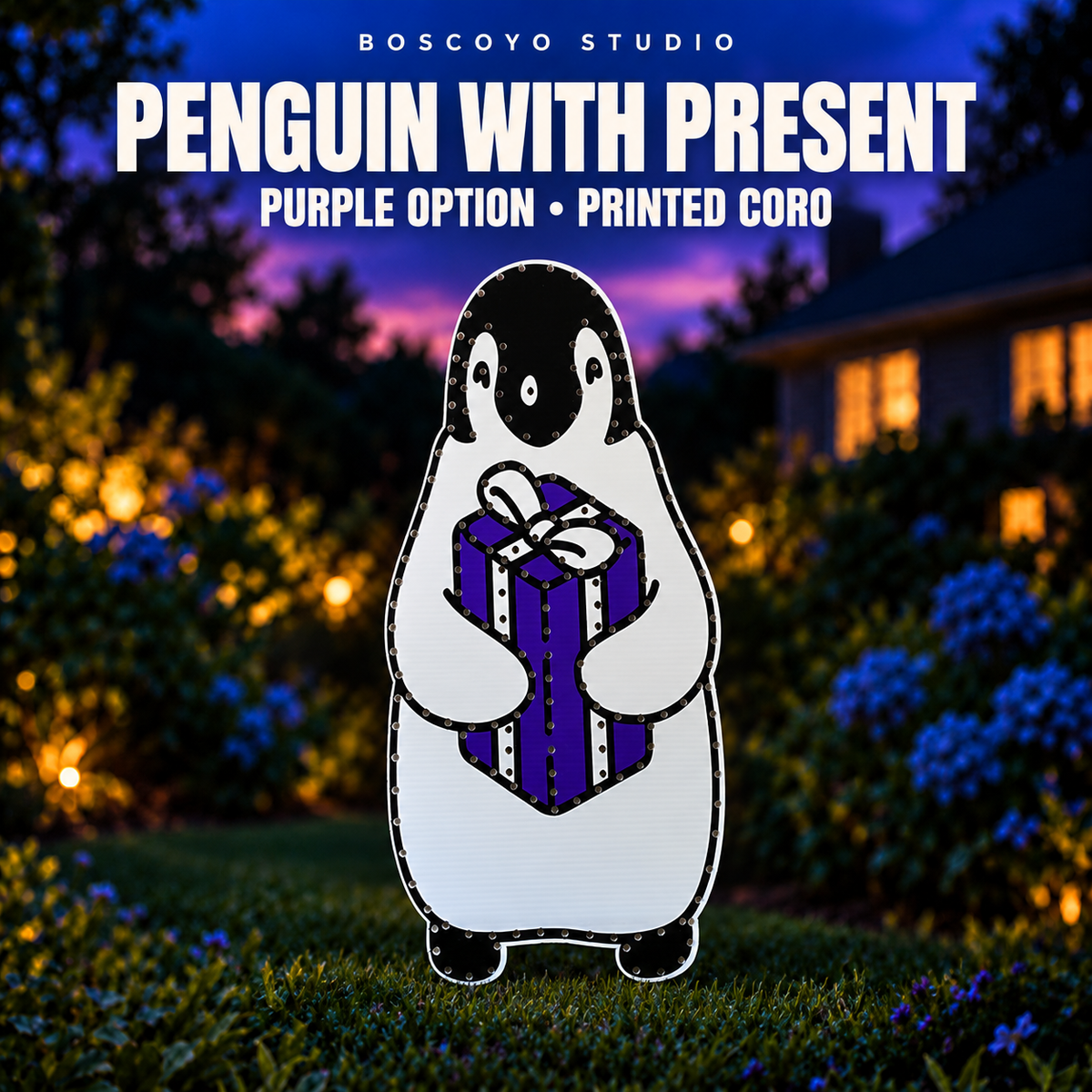 DayCor® HiRes Penguin with Present printed coro prop, purple option, unlit in an evening yard setting