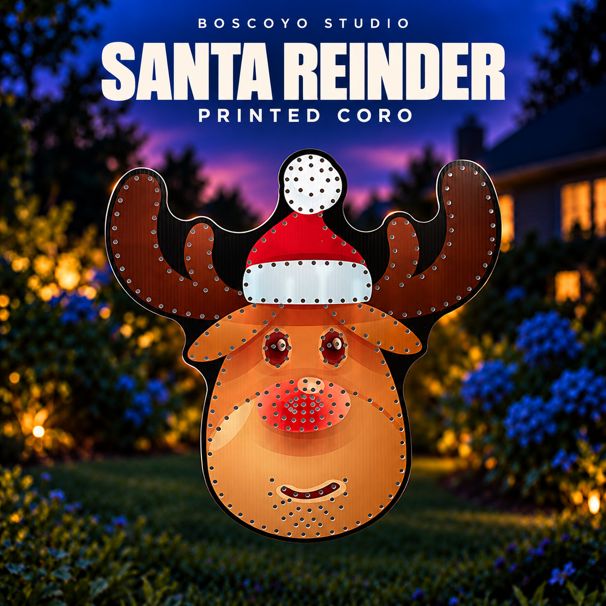 DayCor® HiRes Santa Reindeer printed coro prop, unlit in an evening yard setting