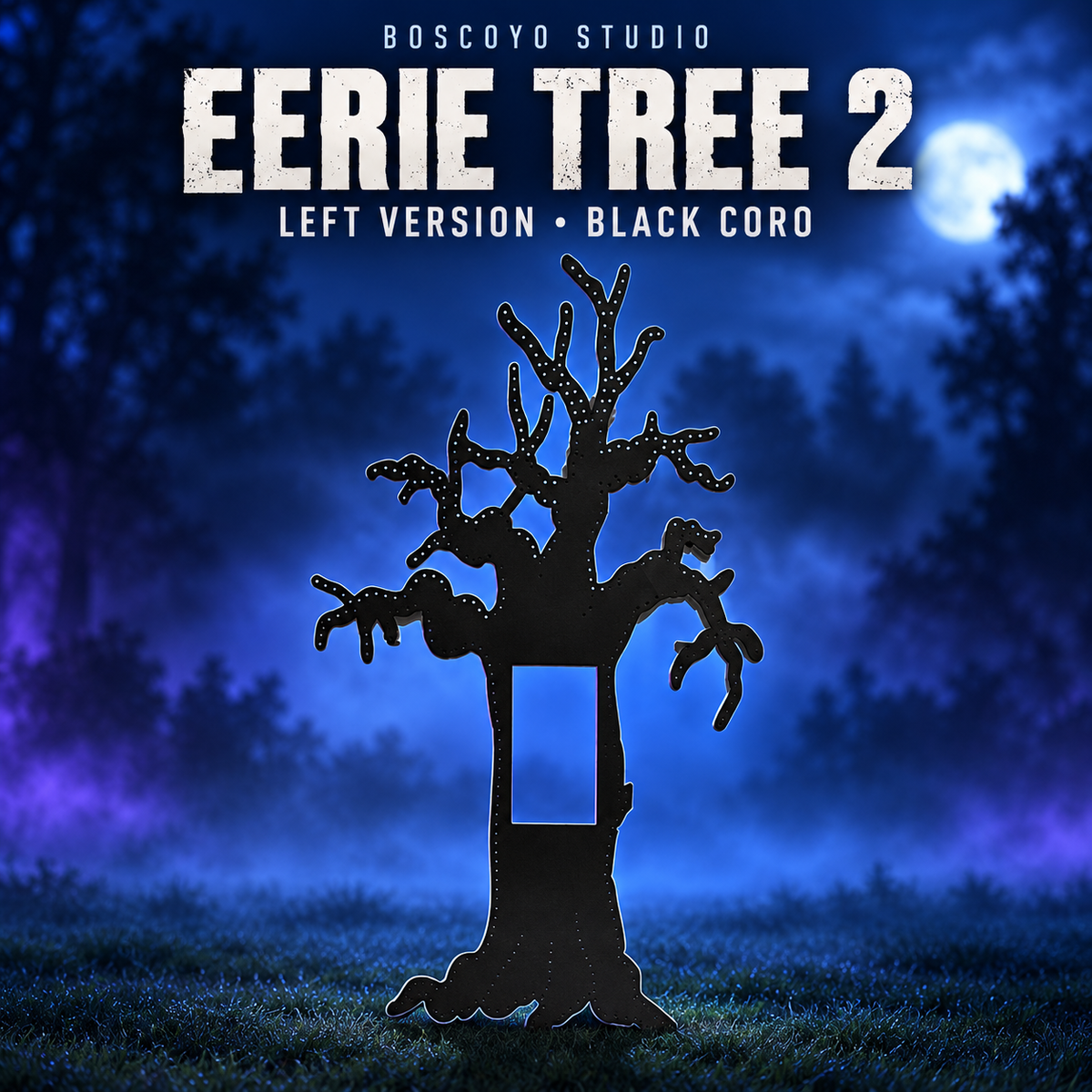 Boscoyo Eerie Tree 2 left version in black coro, unlit with empty pixel holes and rectangular face opening, on a dark blue evening yard.