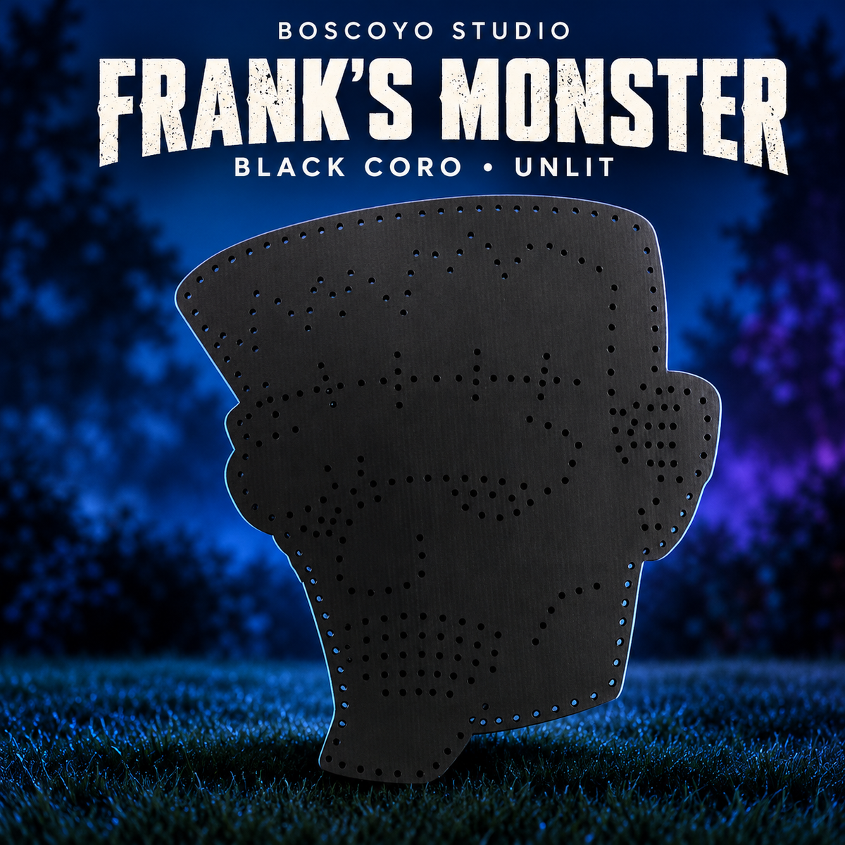 Boscoyo Frank's Monster black coro option, original flat unlit head silhouette with empty pixel holes, on a dark blue evening yard.