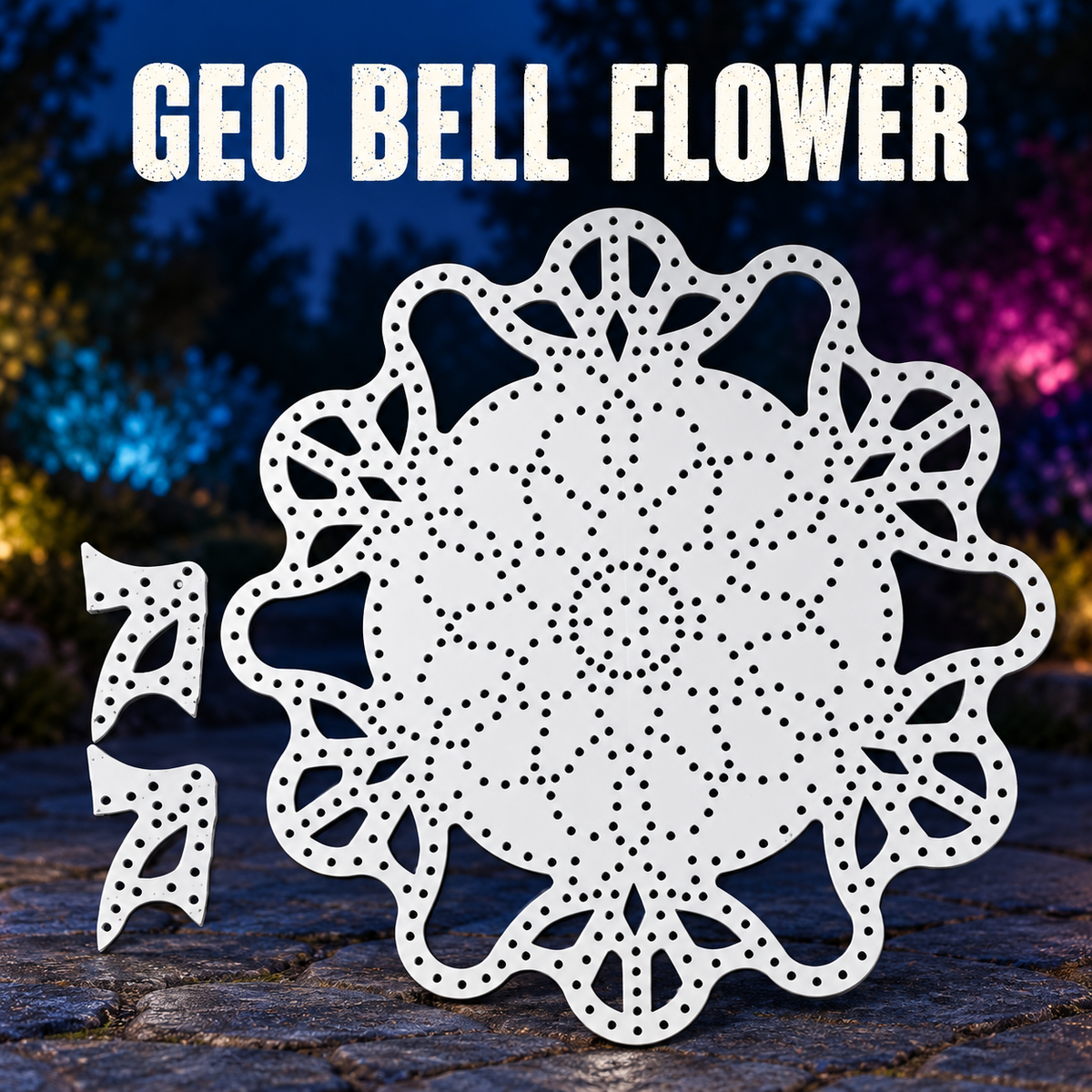Boscoyo Geo Bell Flower white bare coro prop with its two original separate backer pieces and empty pixel holes.