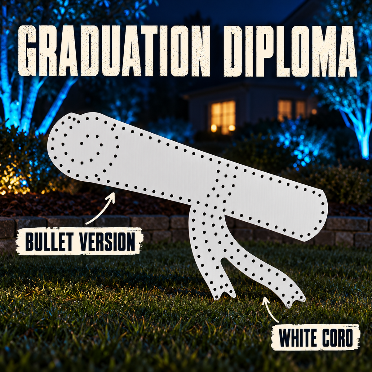 GRADUATION DIPLOMA by Boscoyo Studio, exact product shown in a blue-lit evening yard