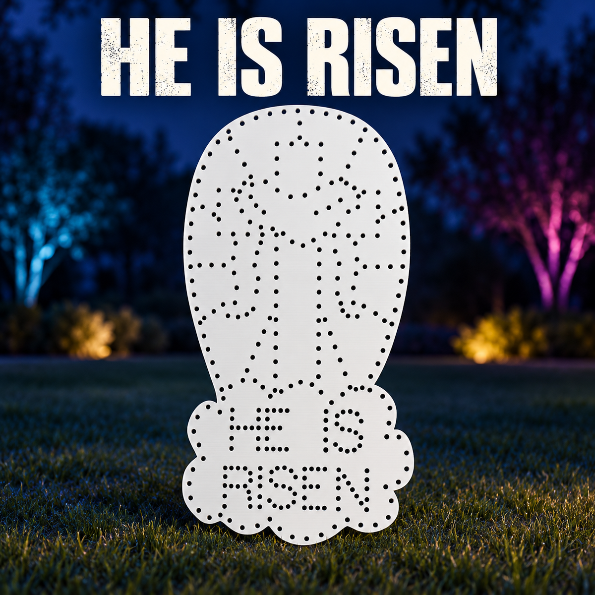 Boscoyo He Is Risen white bare coro, original cross and robe hole artwork above the cloud-shaped text base.