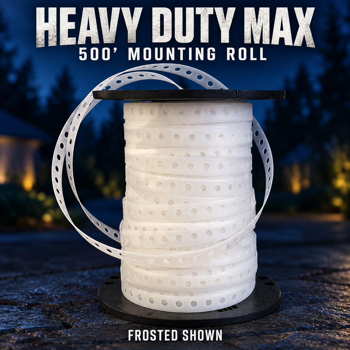 Boscoyo Heavy Duty Max 500-foot MegaTree mounting roll; one frosted strip roll on its original black reel shown.