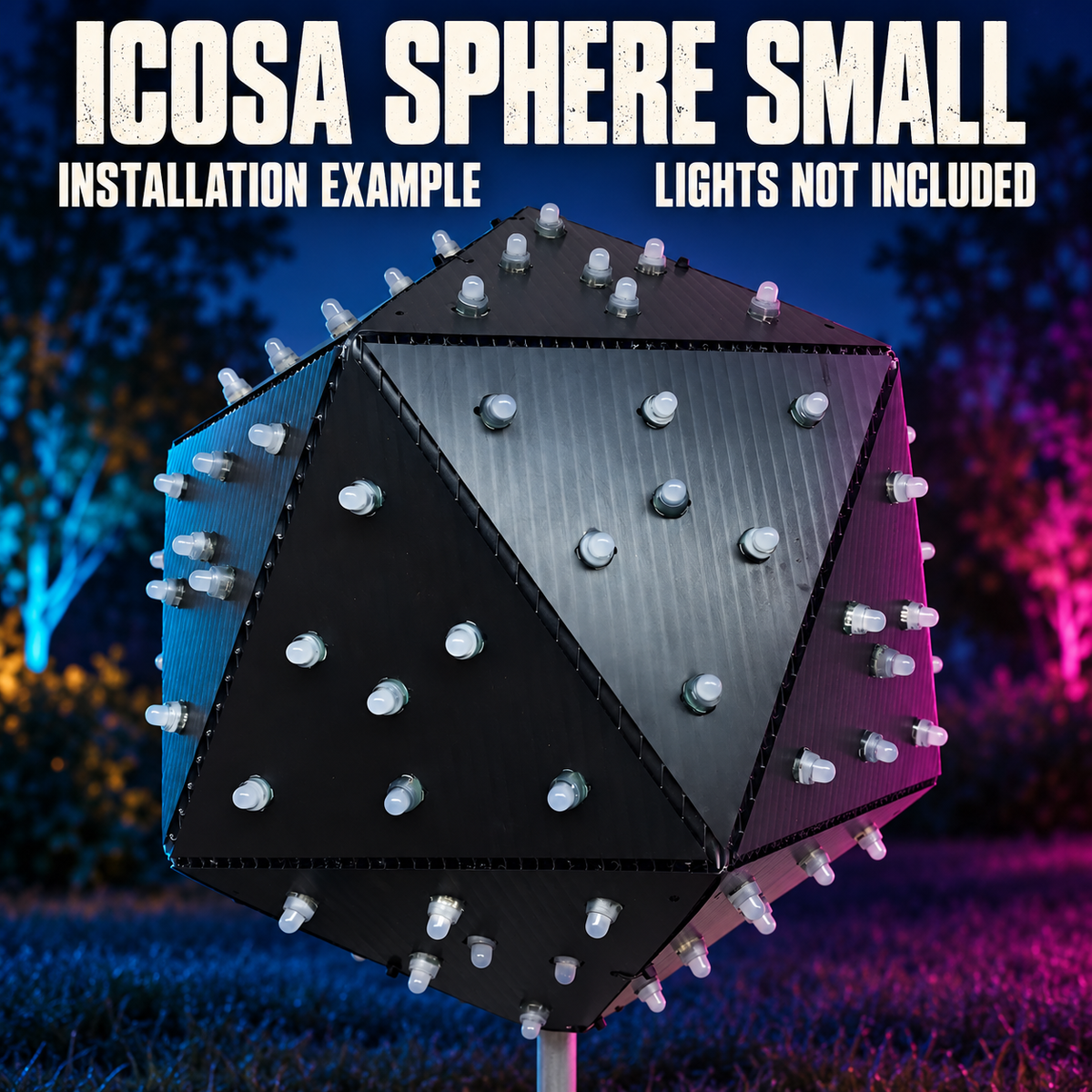Boscoyo ICOSA Sphere Small in black coro, exact installation example with unpowered pixel LEDs; lights are not included.