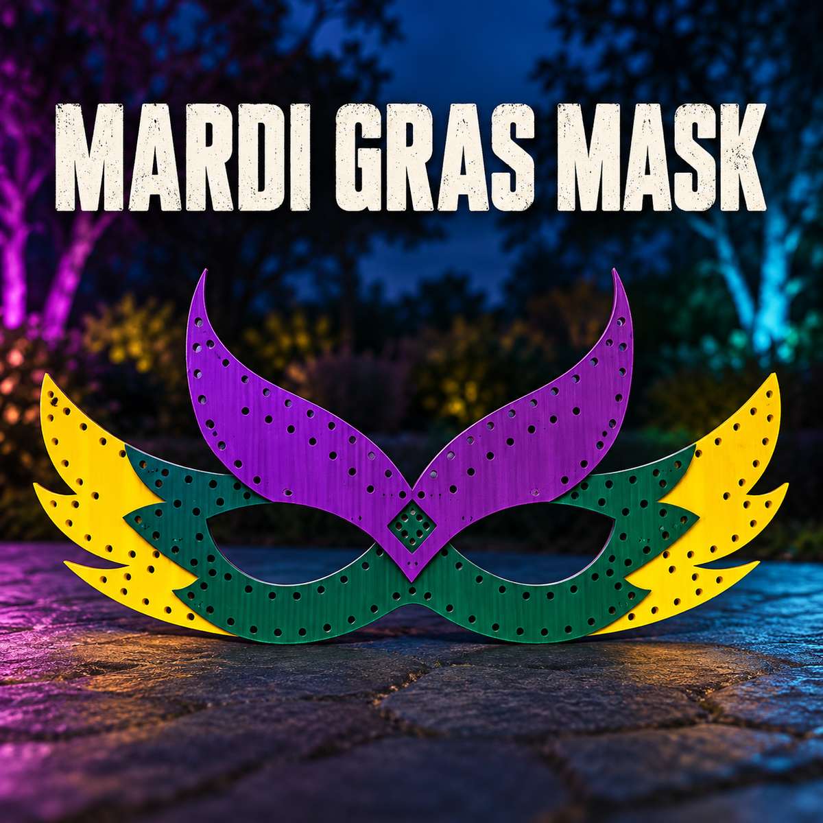 Boscoyo Mardi Gras Feather Mask, original purple, green and yellow layered coro with two eye openings and empty pixel holes.