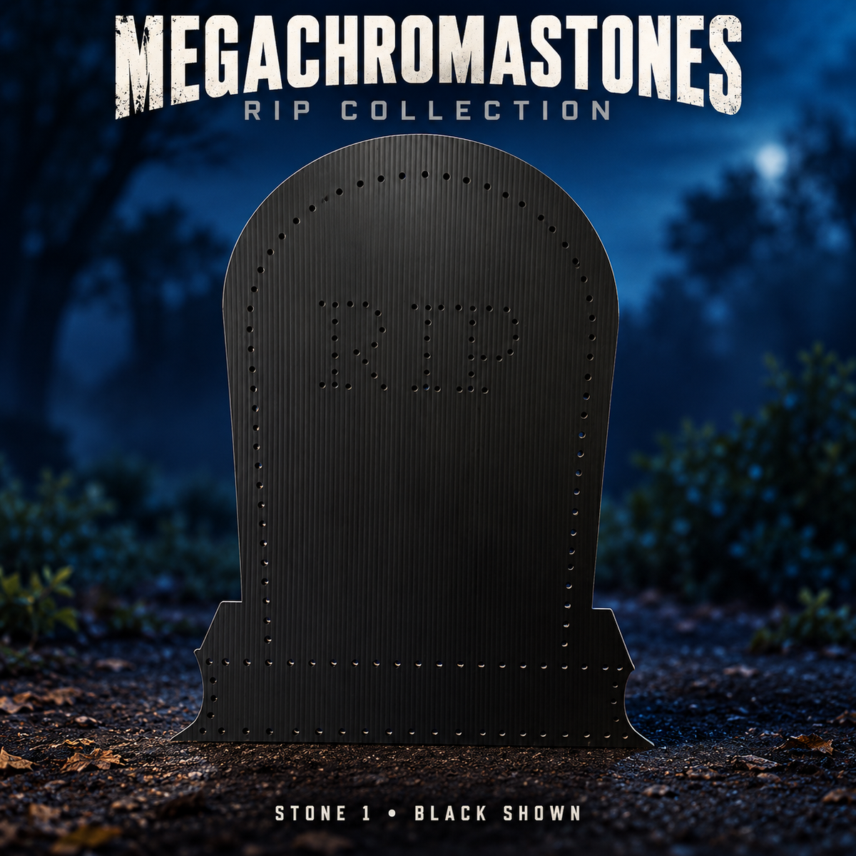 Boscoyo MegaChromaStones RIP Collection, individual Stone 1 shown in black coro with its original RIP and border hole pattern.
