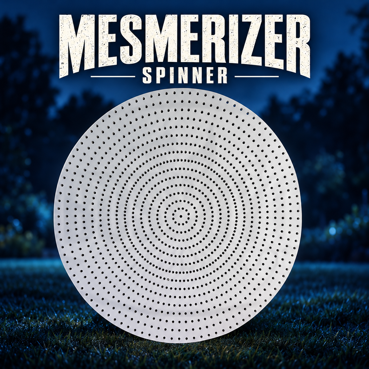 Boscoyo Mesmerizer Spinner in white coro, showing the original dense concentric bullet-pixel hole pattern, unlit.