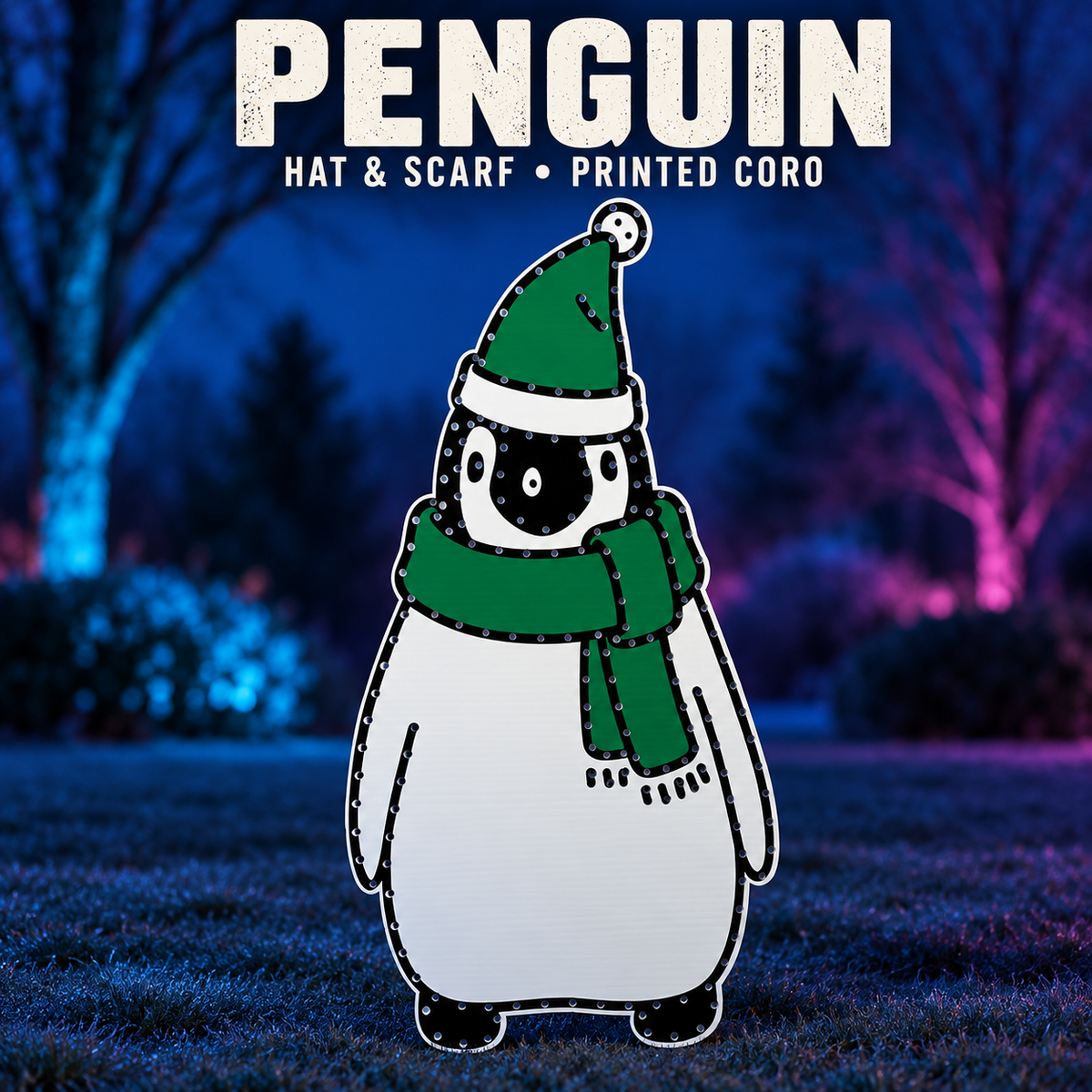 Boscoyo Penguin Hat and Scarf, original printed coro design shown unlit in an evening yard. Original empty pixel holes visible.