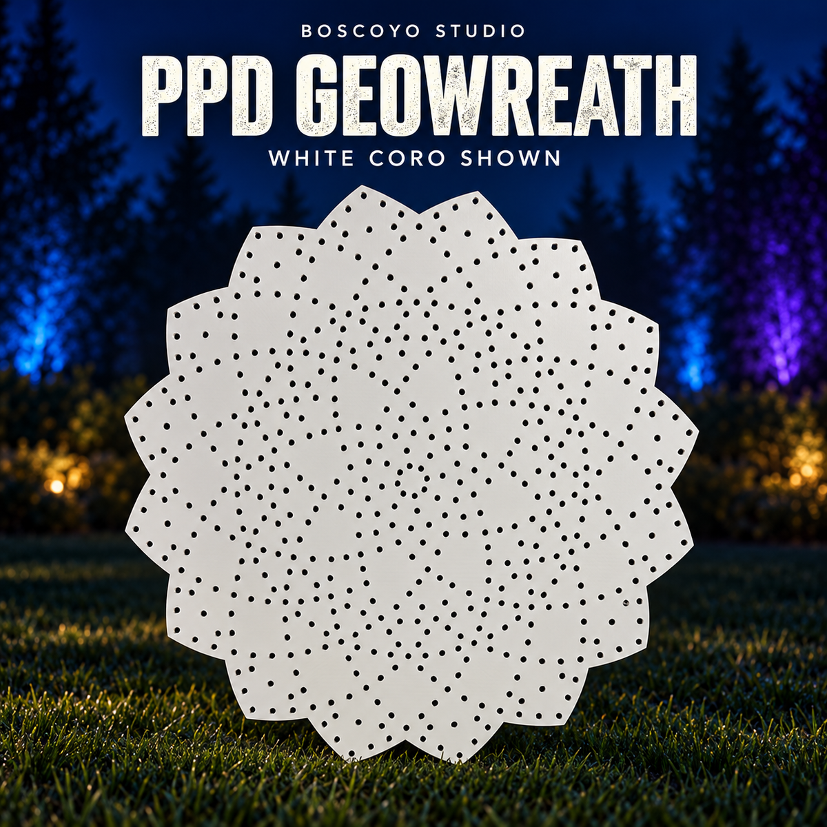 Boscoyo Studio PPD GeoWreath in white coro, shown without pixels.
