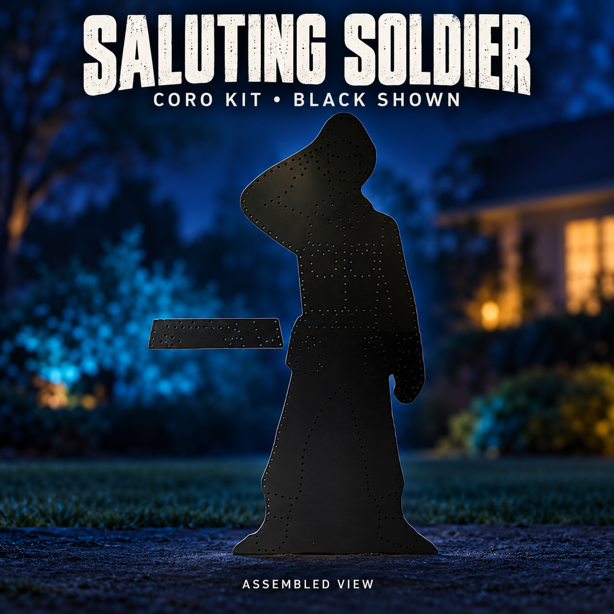Boscoyo Saluting Soldier black coro kit shown assembled with its separate backer plate, unlit.