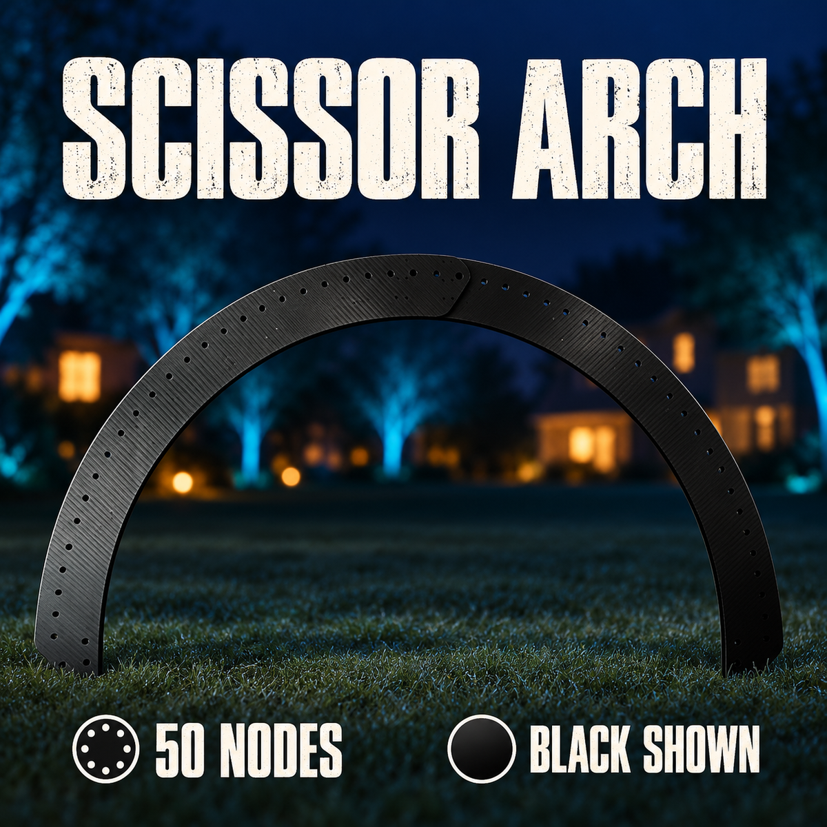 Boscoyo black Scissor Arch shown open with its original two curved coro sections and 50 node holes, unlit.