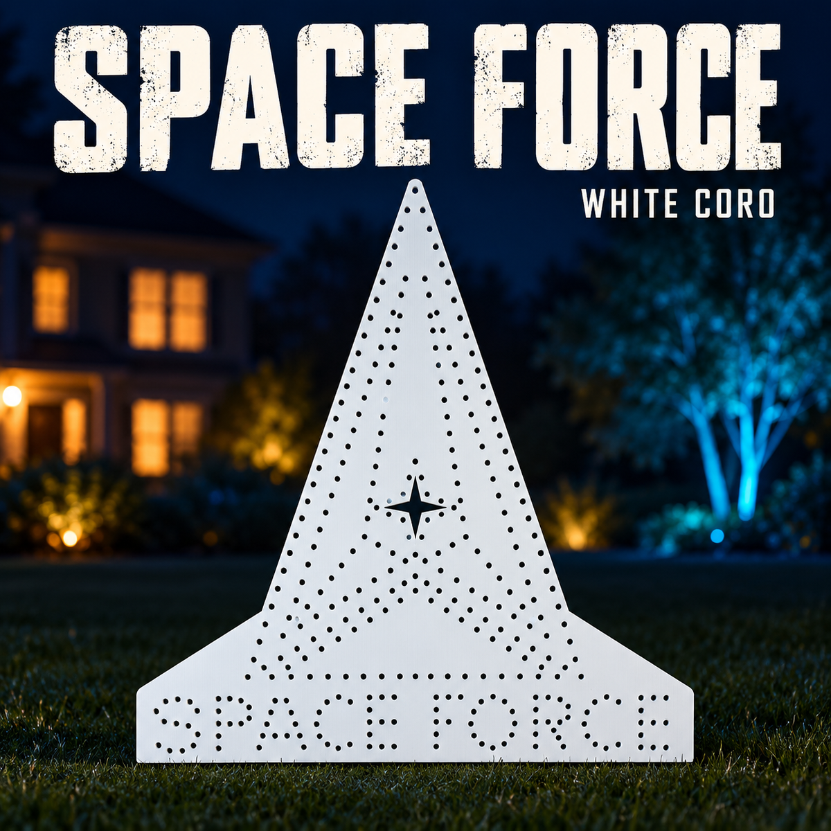 Boscoyo white Space Force coro prop with its original delta shape and pixel-hole lettering, unlit.