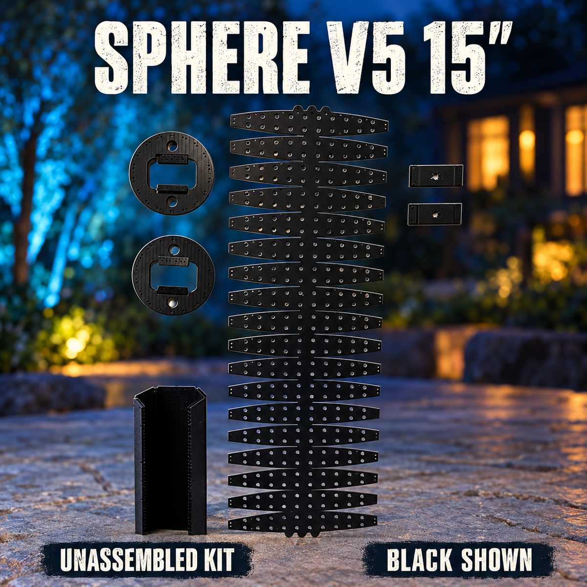 Boscoyo Sphere V5 15-inch unassembled black kit showing its original perforated sheet, two rings, core and two adapter plates without pixels.