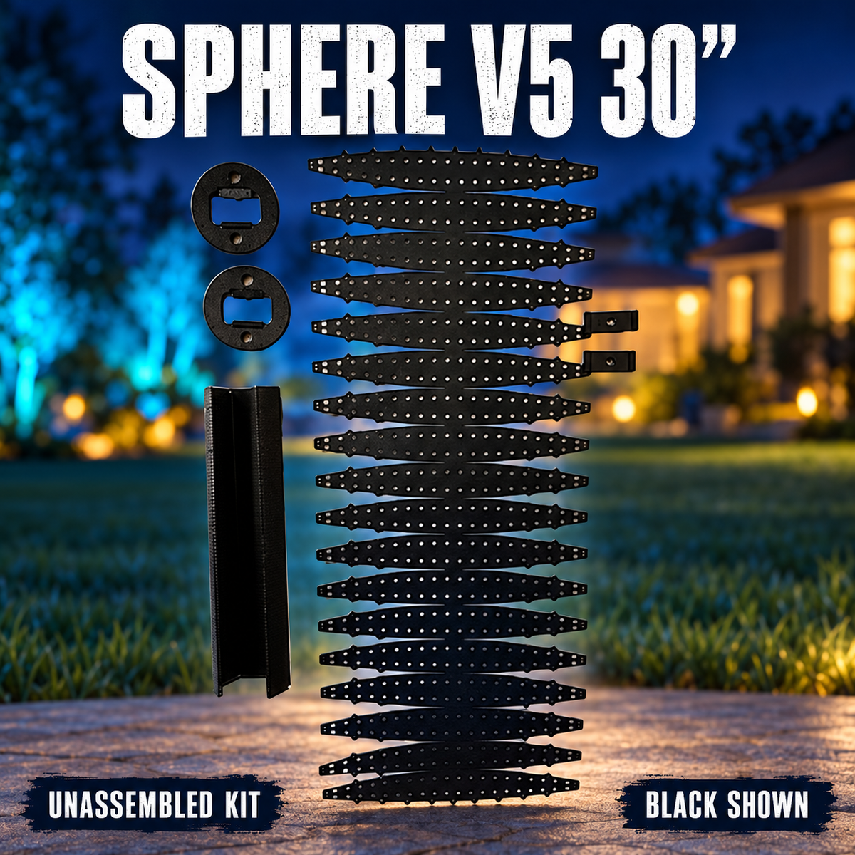 Boscoyo Sphere V5 30-inch kit shown unassembled in black, including the original perforated sheet, rings, core and adapter plates without pixels.