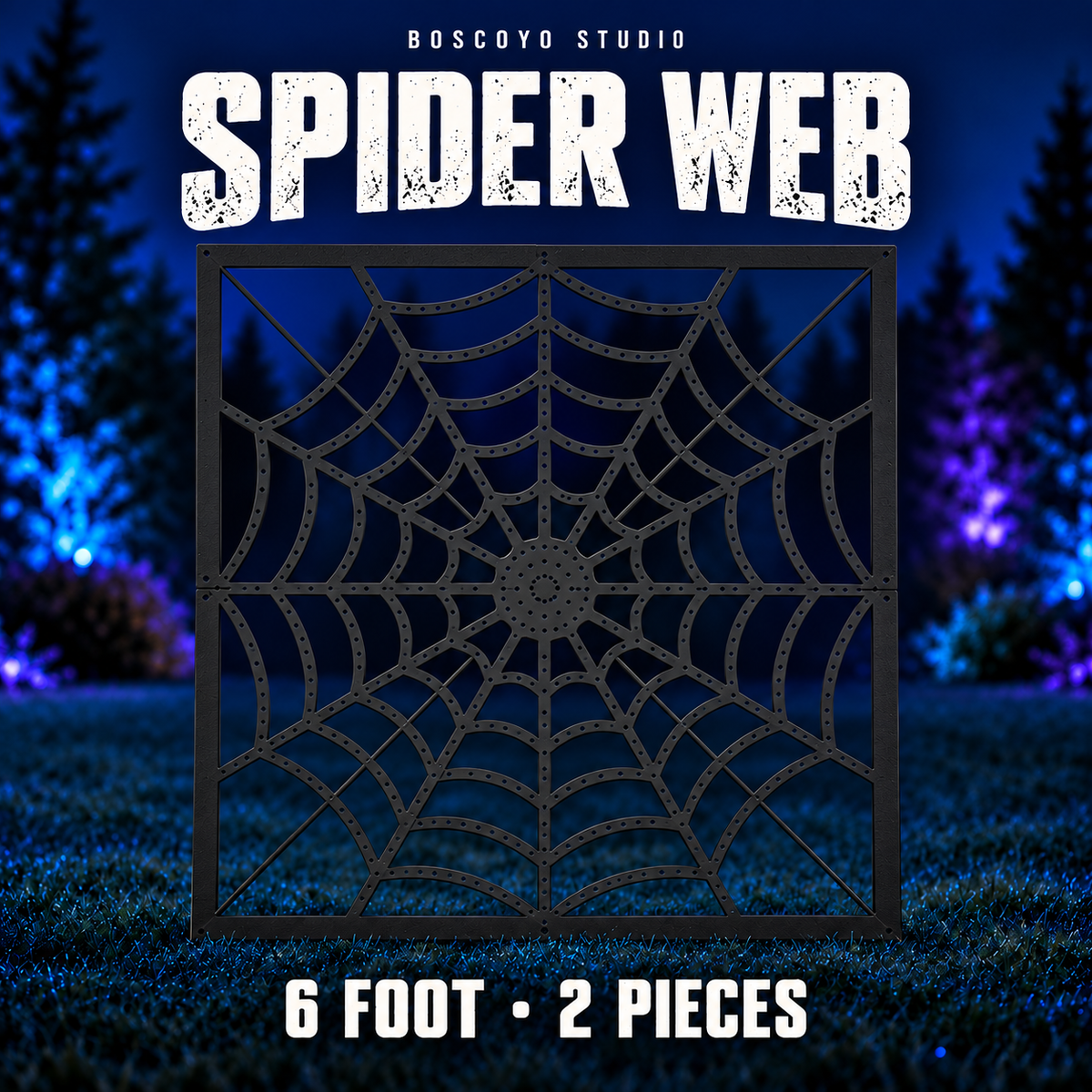 Boscoyo six-foot Spider Web HDPE prop, showing the assembled square web with empty pixel holes; supplied in two pieces.