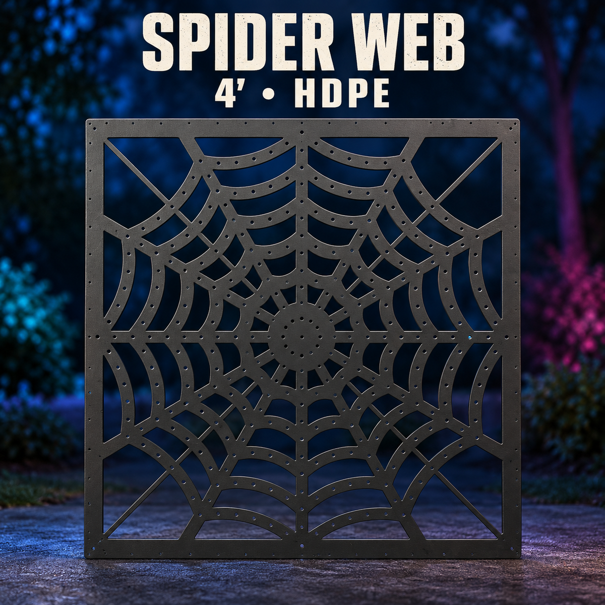 Boscoyo four-foot black HDPE Spider Web, original square open web panel with empty node holes.