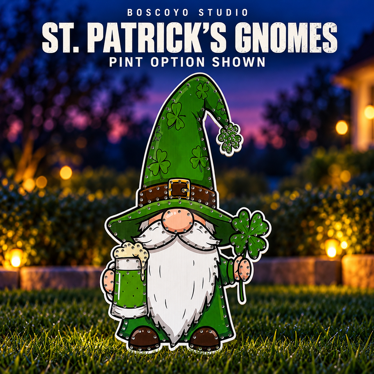 Boscoyo DayCor HiRes St. Patrick's Gnome, pint design shown with its original printed artwork and pixel holes.