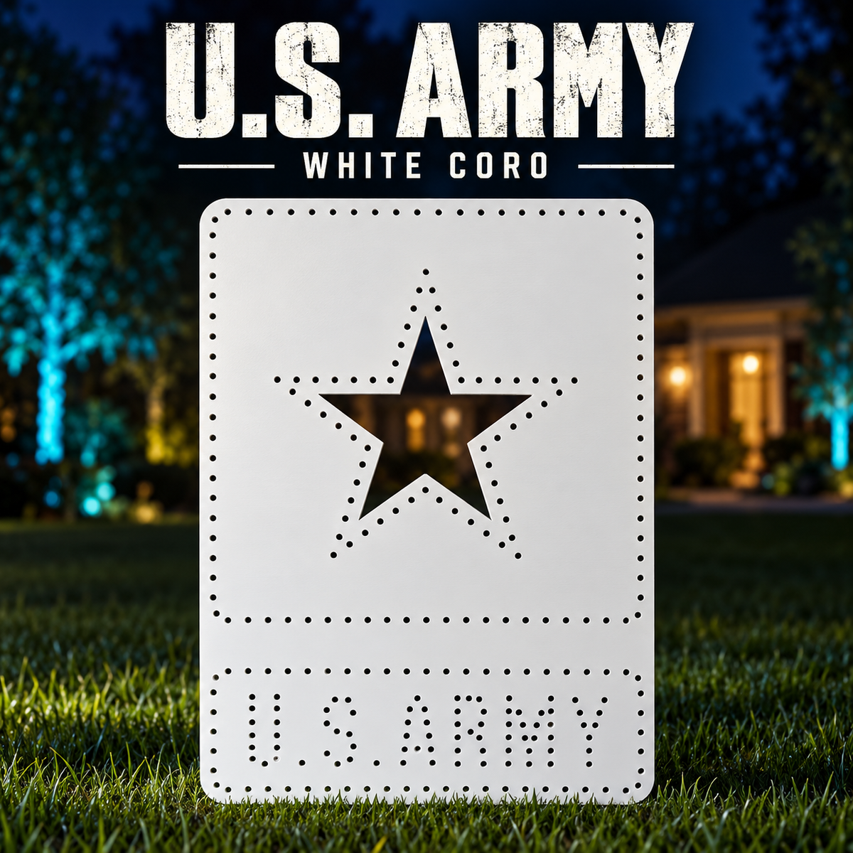 Boscoyo U.S. Army white coro prop with original star opening and pixel-hole lettering, unlit.