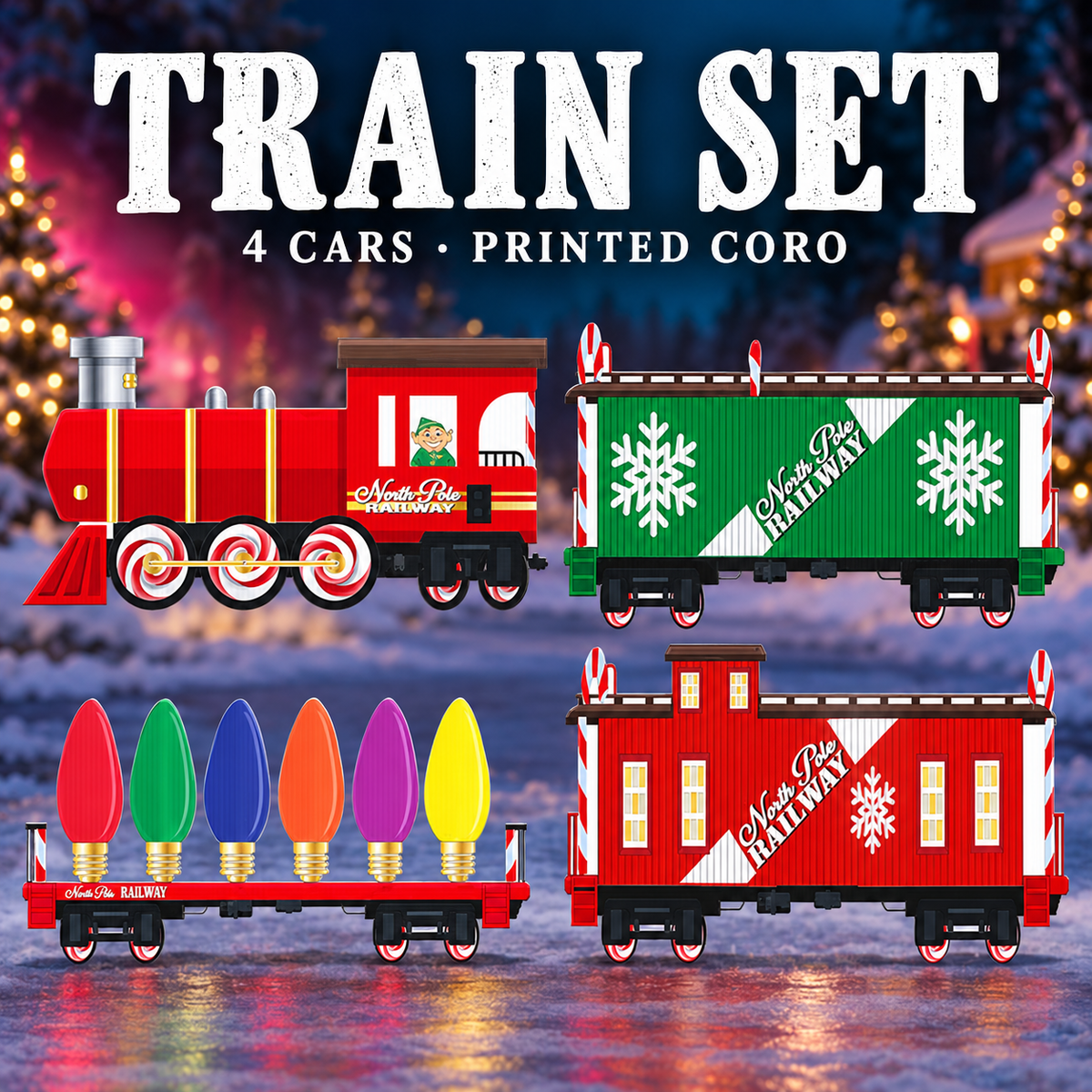 DayCorO four-car printed coro train set with engine, snowflake boxcar, bulb flatbed and caboose, shown unlit.