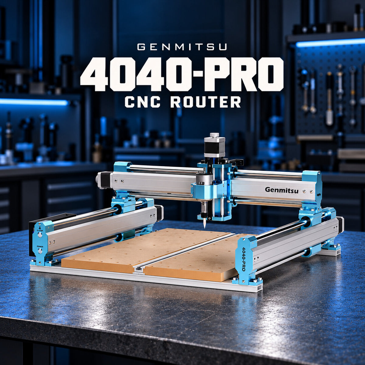 Genmitsu 4040-PRO CNC router with its original photographed frame, bed, spindle and hardware on a dark workshop bench.