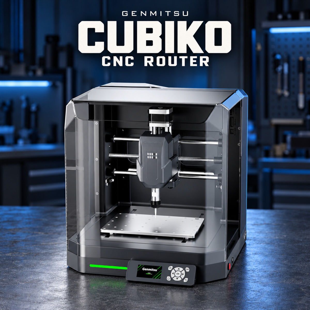 Genmitsu Cubiko enclosed CNC router with visible spindle, work table, transparent panels and front control pad.