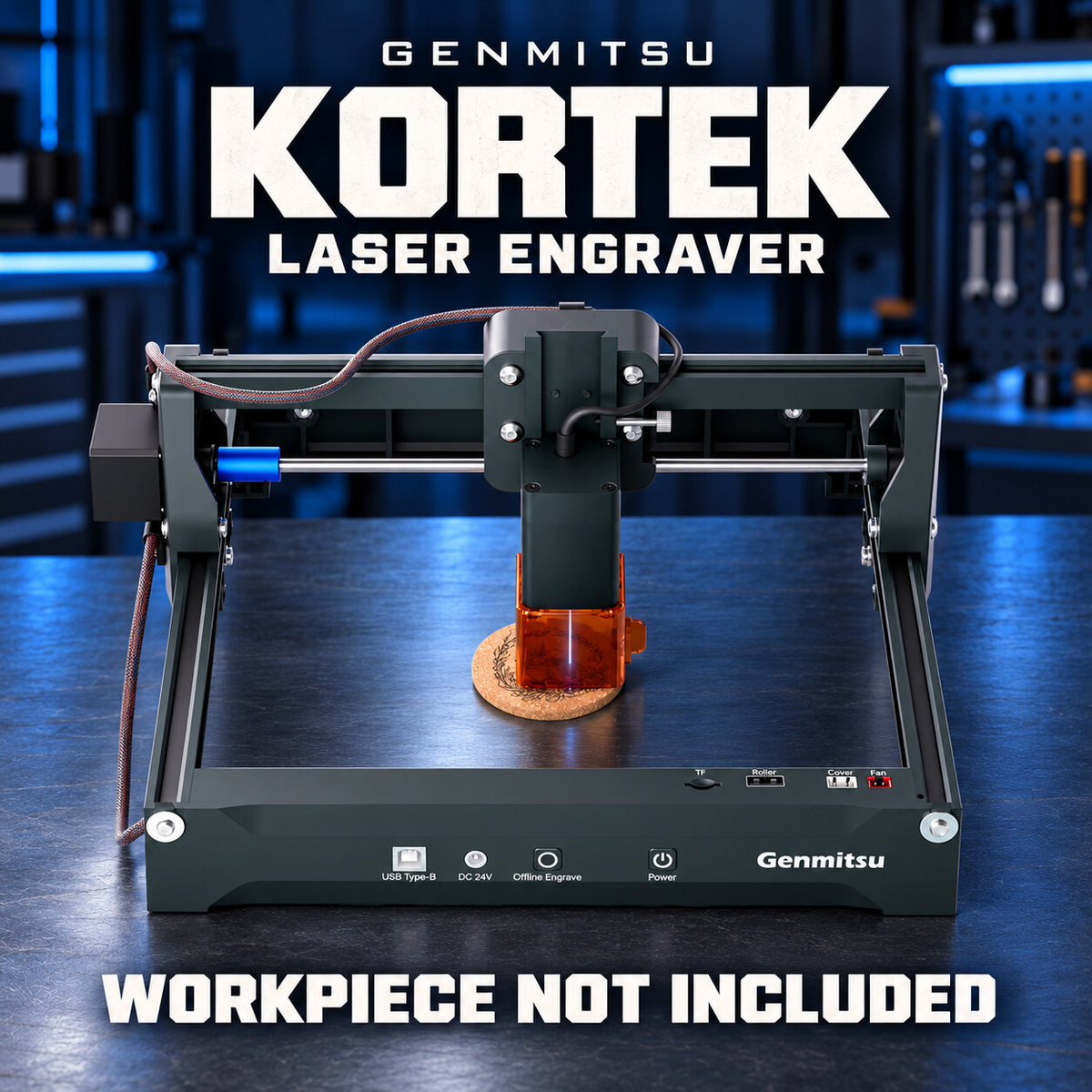 Genmitsu KORTEK laser engraver, showing the exact photographed product against a dark workshop background. Workpiece example is not included.
