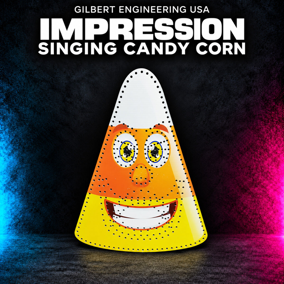 Gilbert Engineering USA IMPRESSION Singing Candy Corn printed coro prop, with the original white, orange and yellow artwork and empty pixel holes.