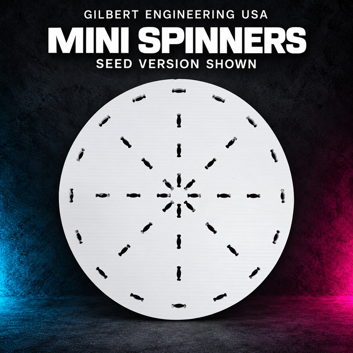 Gilbert Engineering USA Mini Spinners bare white coro disc, 12-inch seed-pixel version shown with the original radial slots.