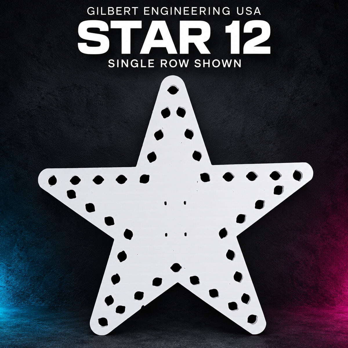 Gilbert Engineering USA Star 12 bare white coro prop, single-row version shown with 40 empty pixel holes and four center mounting holes.