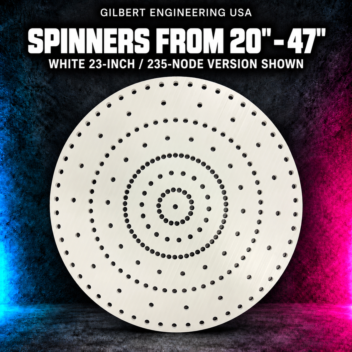 Gilbert Engineering USA Spinners From 20" - 47"; white 23-inch / 235-node version shown, bare unlit coroplast with empty pixel holes.