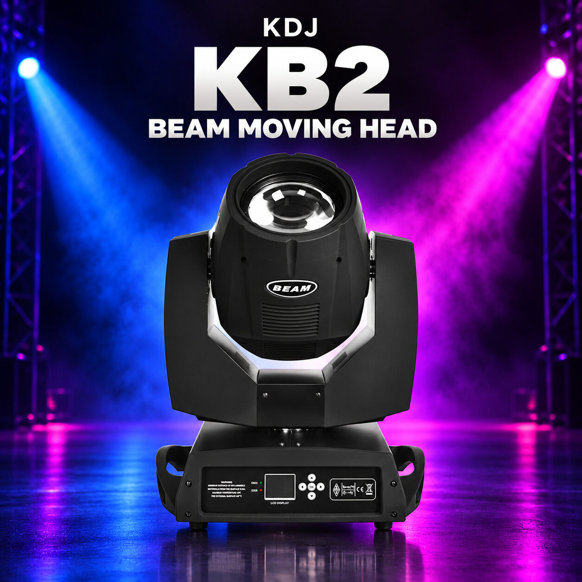 KDJ KB2 beam moving head fixture with its original photographed construction against a blue and magenta stage.