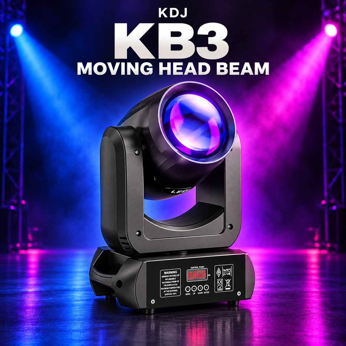 KDJ KB3 moving head beam with its photographed construction against a blue and magenta stage.
