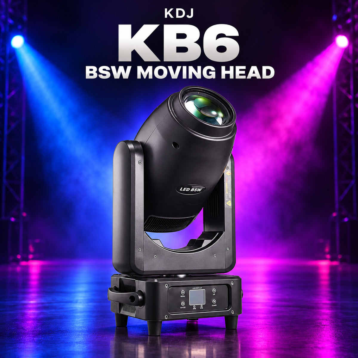 KDJ KB6 bsw moving head fixture with its original photographed construction against a blue and magenta stage.