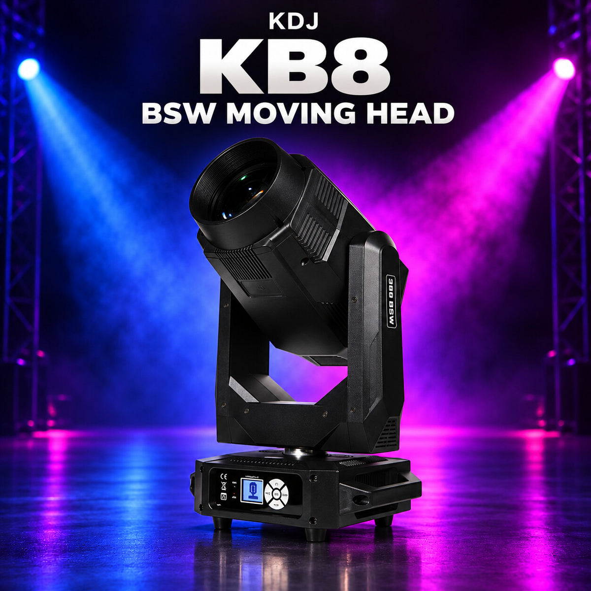 KDJ KB8 bsw moving head fixture with its original photographed construction against a blue and magenta stage.