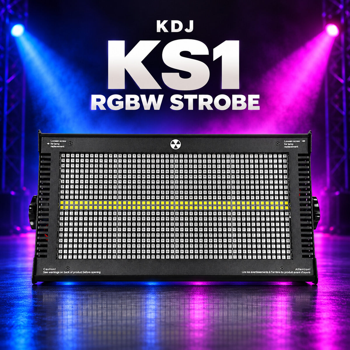 KDJ KS1 rgbw strobe fixture with its original photographed construction against a blue and magenta stage.
