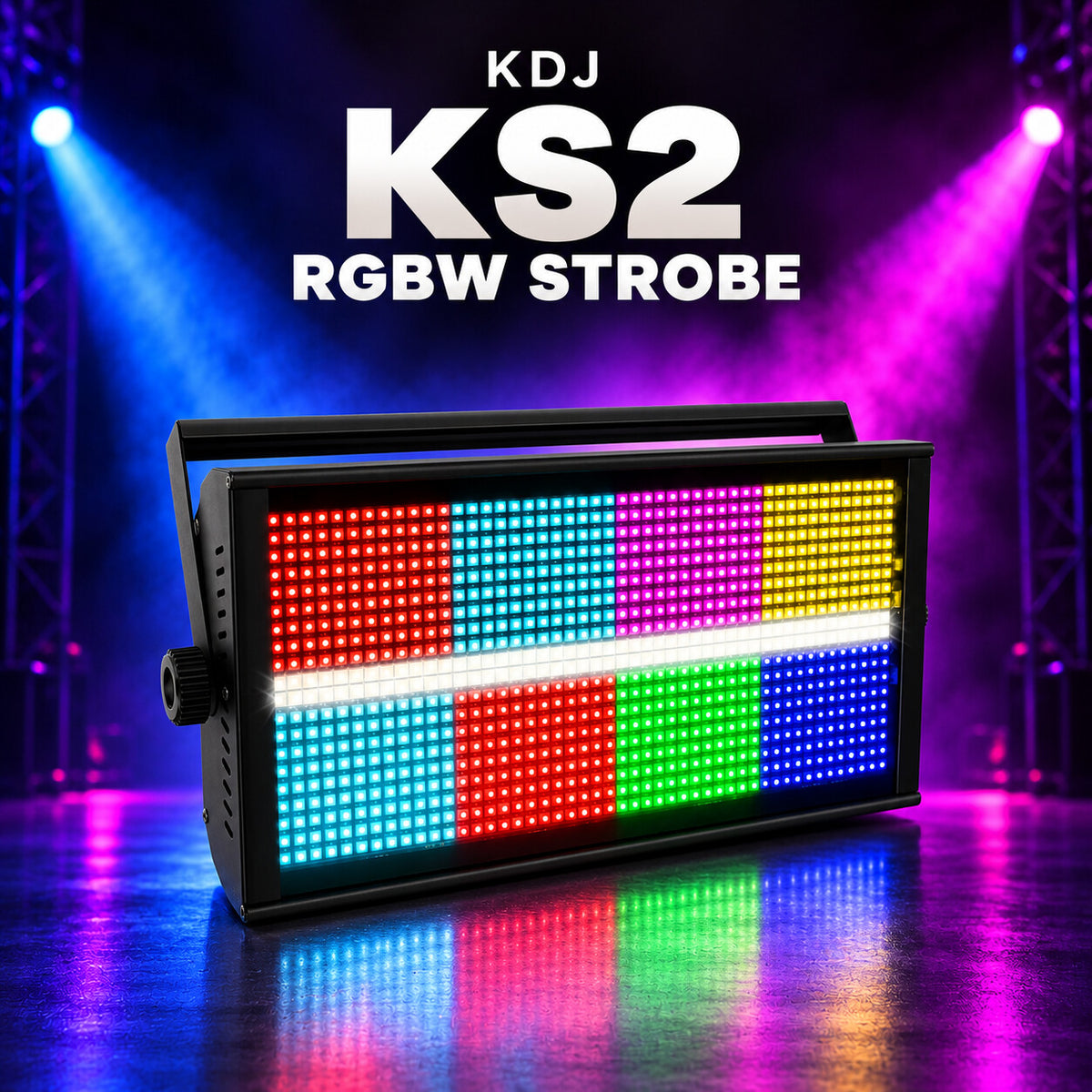 KDJ KS2 rgbw strobe fixture with its original photographed construction against a blue and magenta stage.