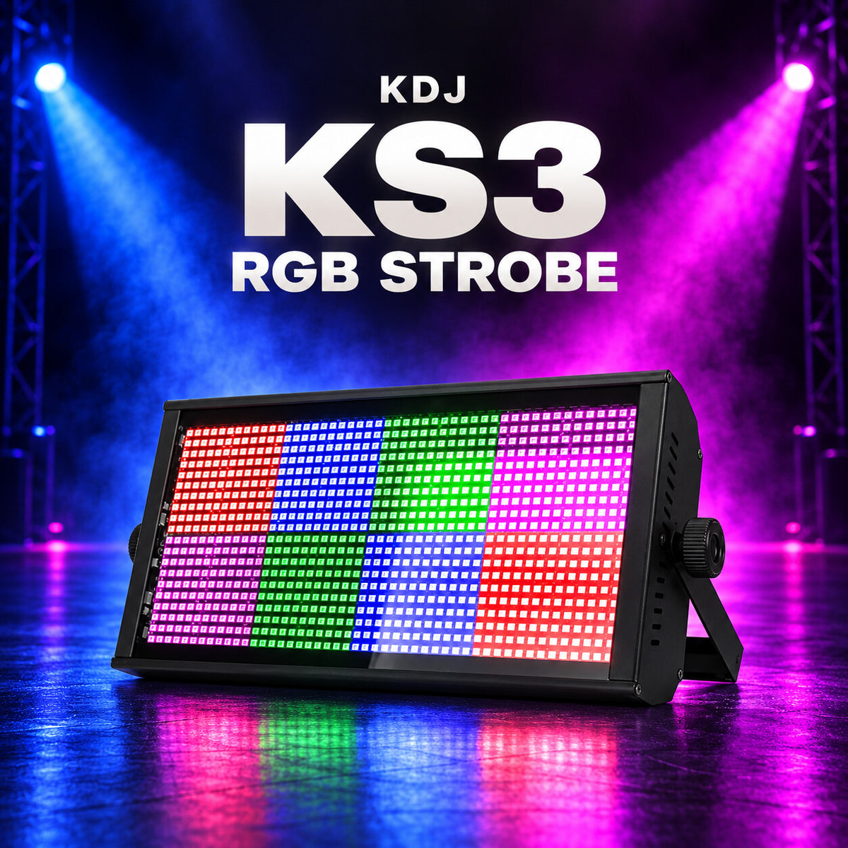 KDJ KS3 rgb strobe fixture with its original photographed construction against a blue and magenta stage.