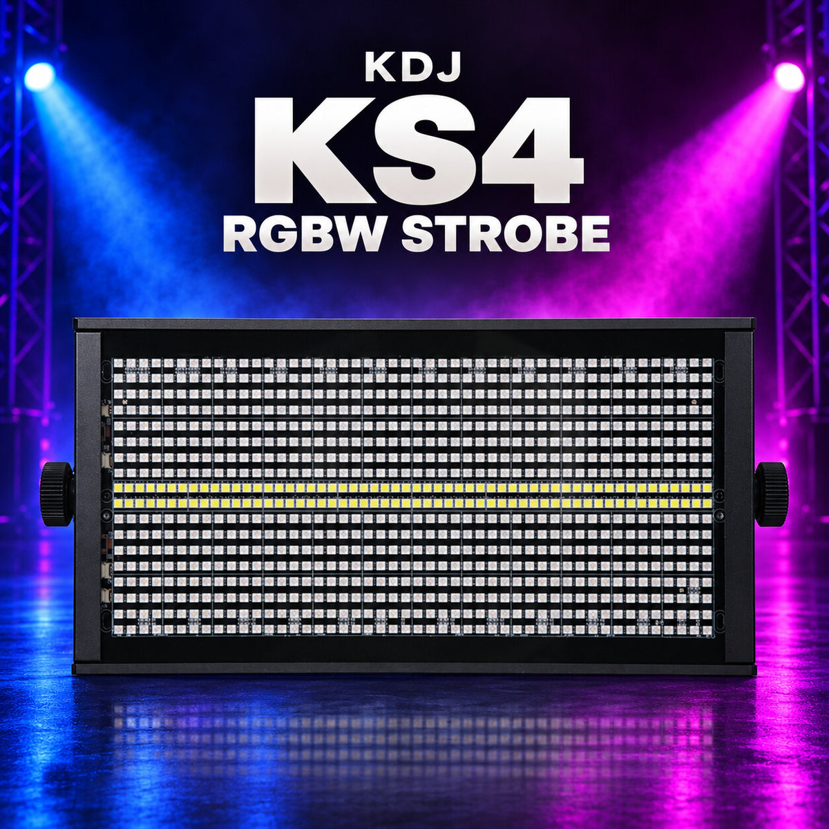 KDJ KS4 rgbw strobe fixture with its original photographed construction against a blue and magenta stage.