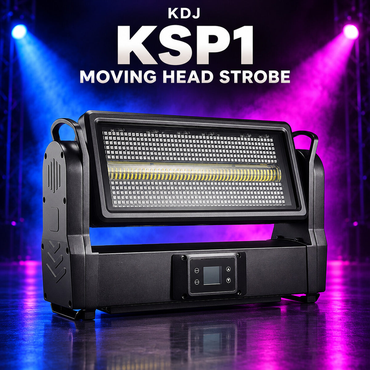 KDJ KSP1 moving head strobe fixture with its original photographed construction against a blue and magenta stage.