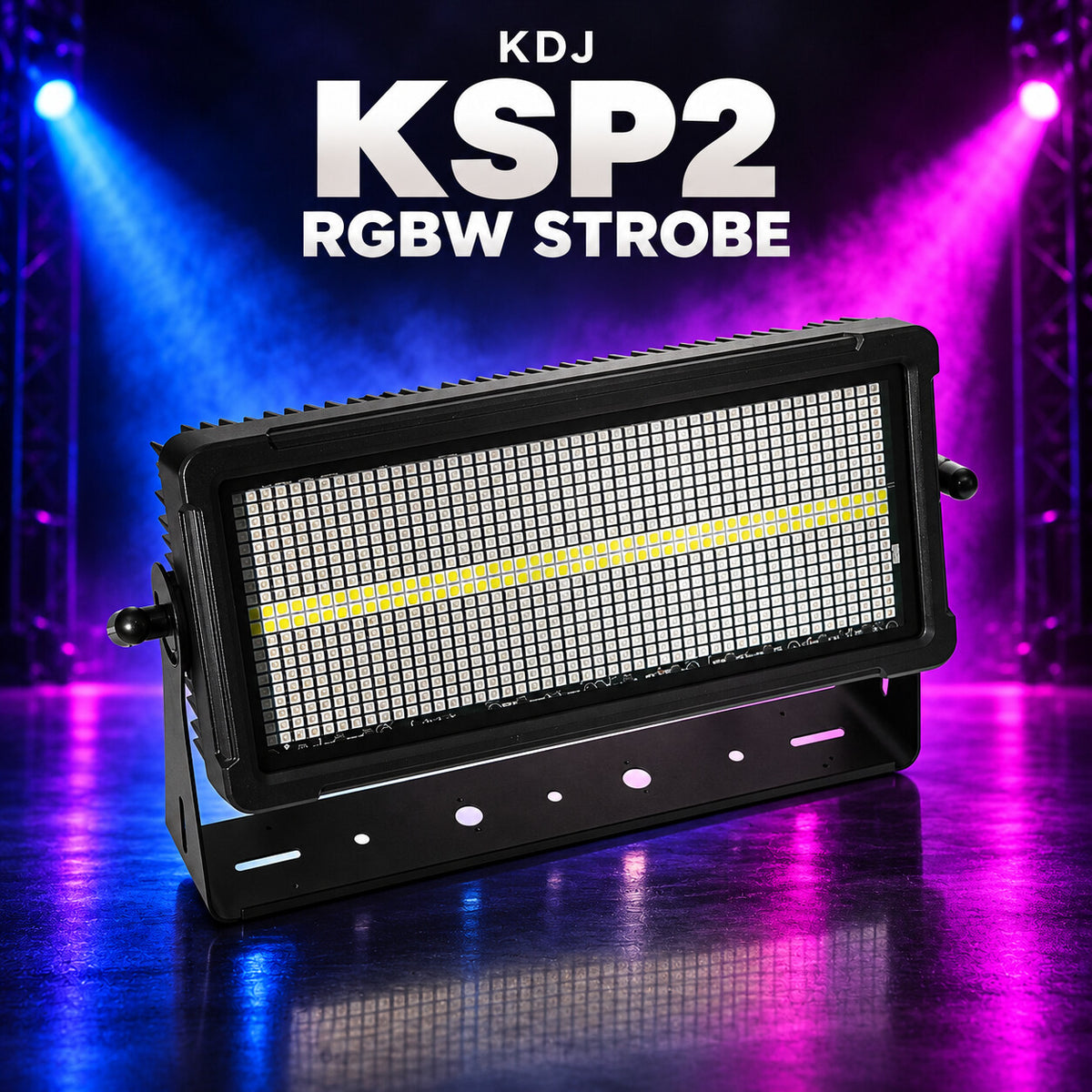 KDJ KSP2 rgbw strobe fixture with its original photographed construction against a blue and magenta stage.
