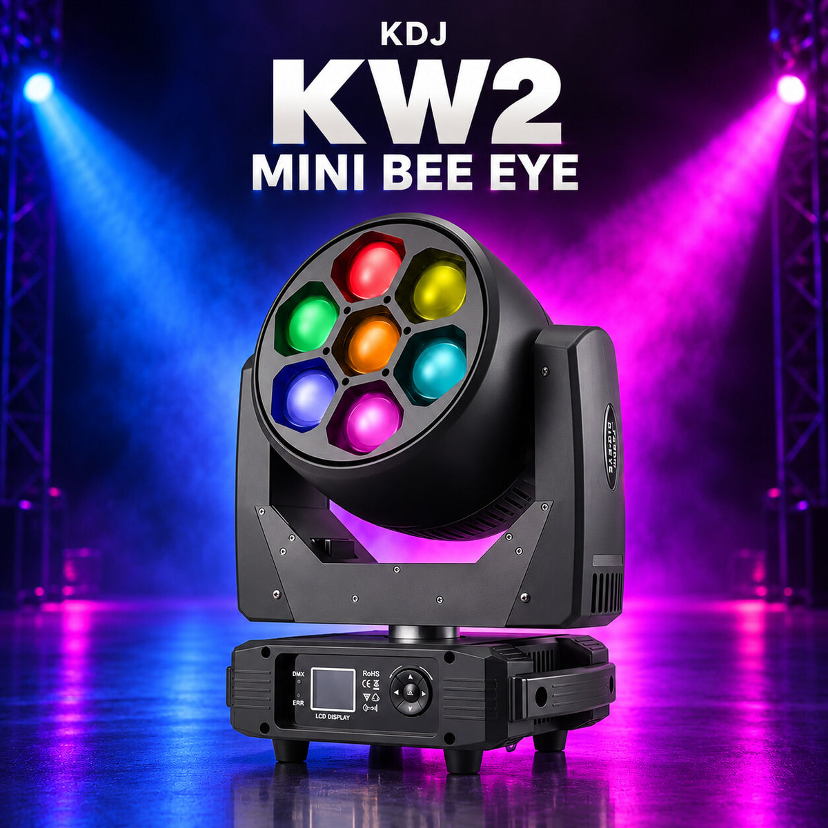KDJ KW2 mini bee eye fixture with its original photographed construction against a blue and magenta stage.