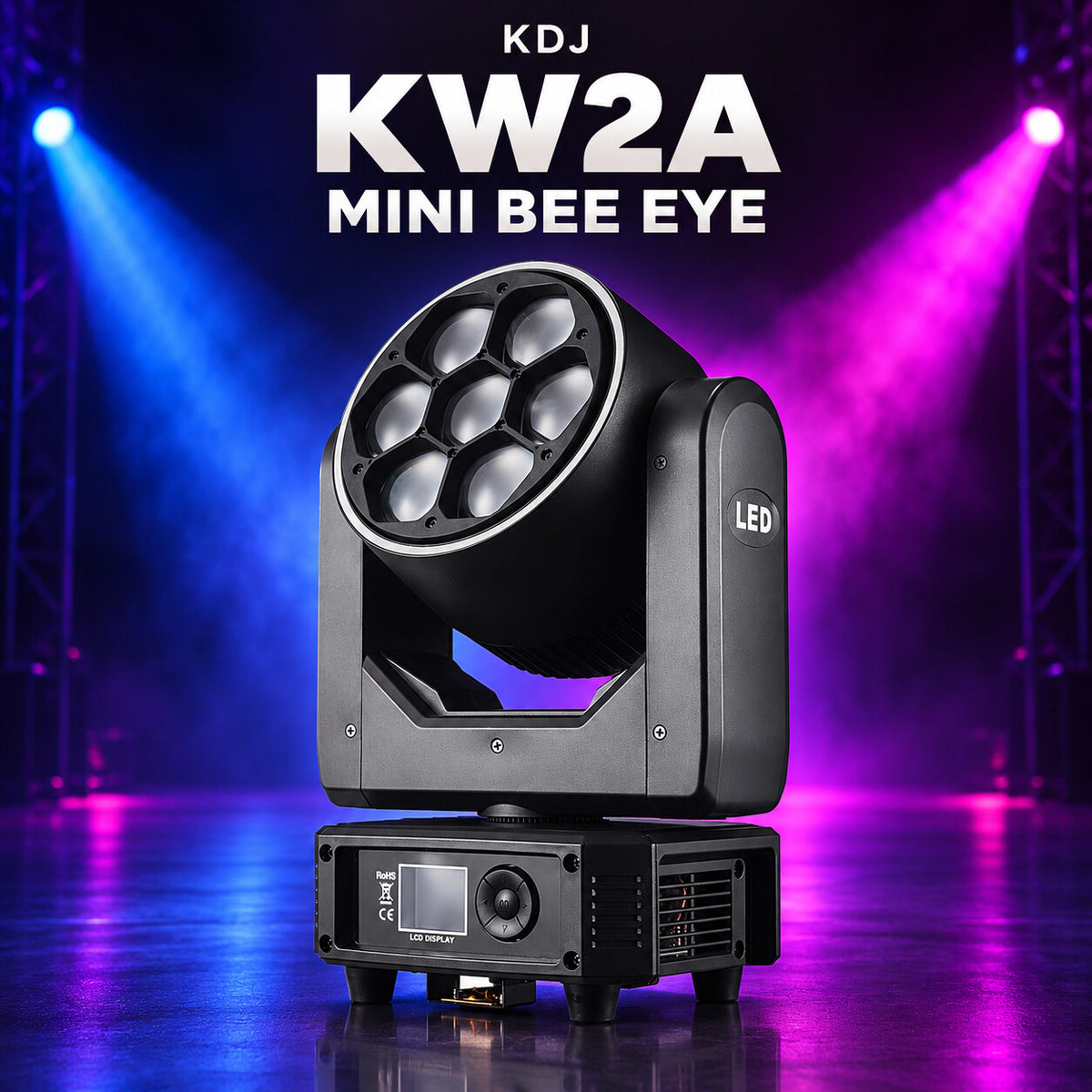 KDJ KW2A Mini Bee Eye moving head fixture with seven lenses, black yoke, LCD panel and base controls.
