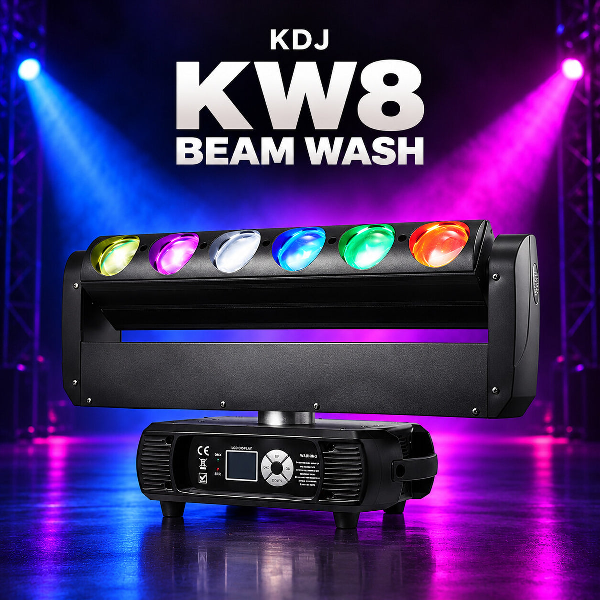 KDJ KW8 beam wash fixture with its original housing and controls, shown against a dark blue and magenta stage.