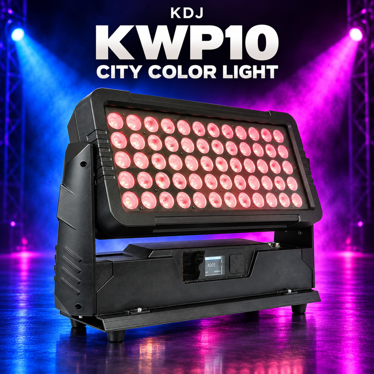 KDJ KWP10 city color light fixture with its original photographed construction against a blue and magenta stage.