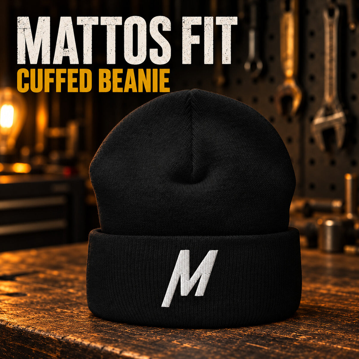 Black Mattos Fit cuffed beanie with the white embroidered M on the front cuff.