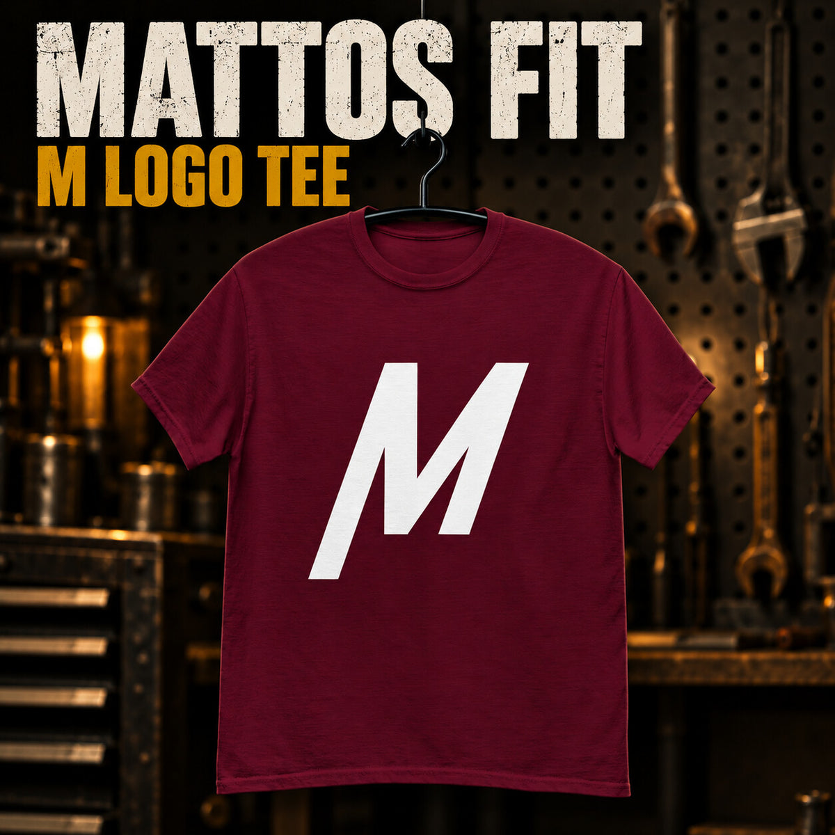 Maroon Mattos Fit M Logo Tee with the large white M printed on the front.